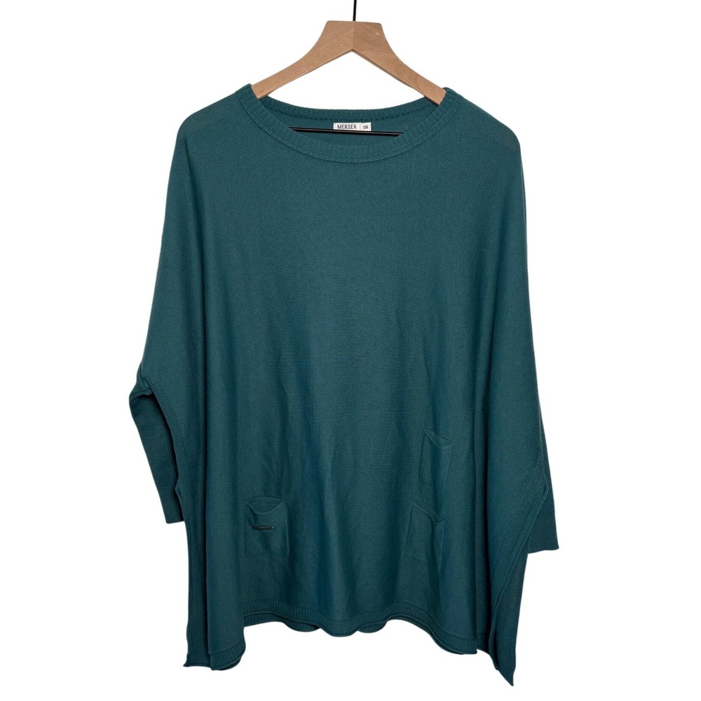 Mersea OS Teal Green Oversized Knit Sweater Pockets Batwing Crew Neck